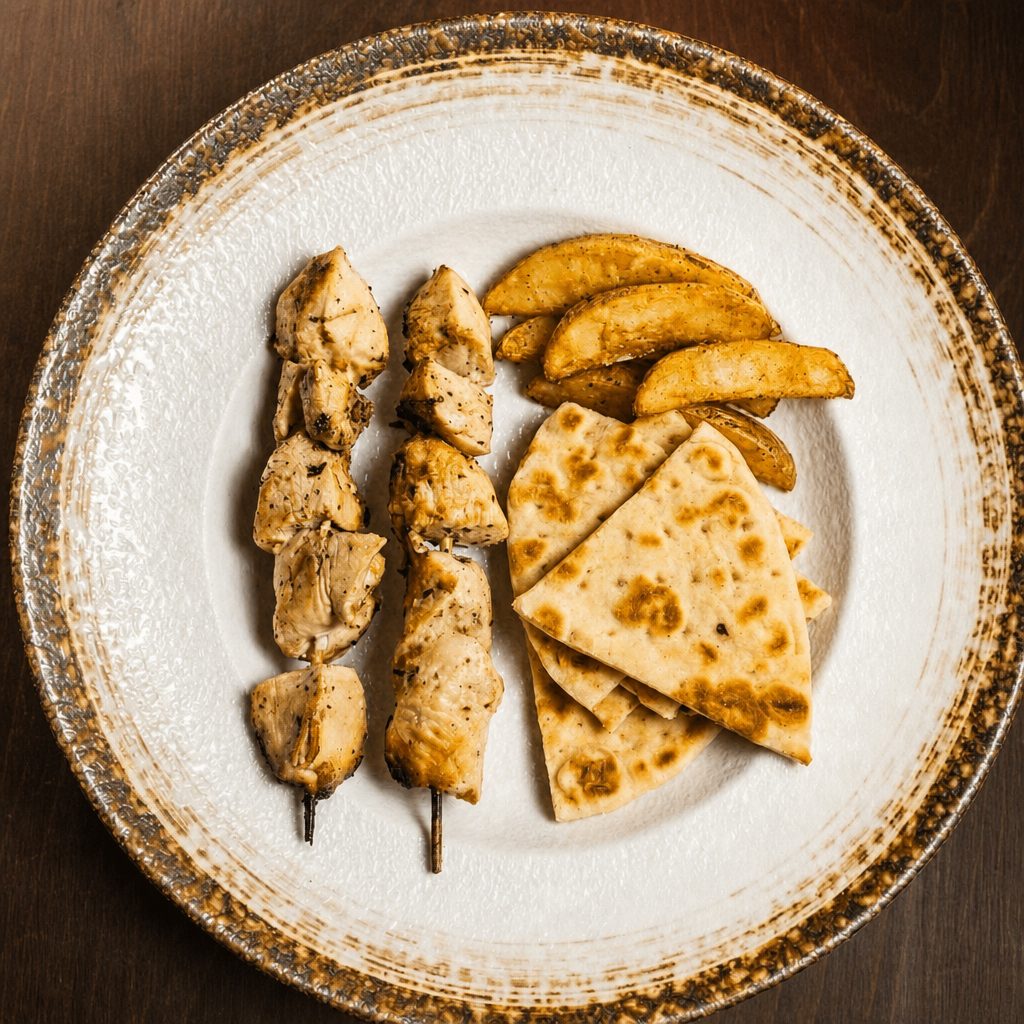 Chicken Souvlaki Platter with 2 Skewers.